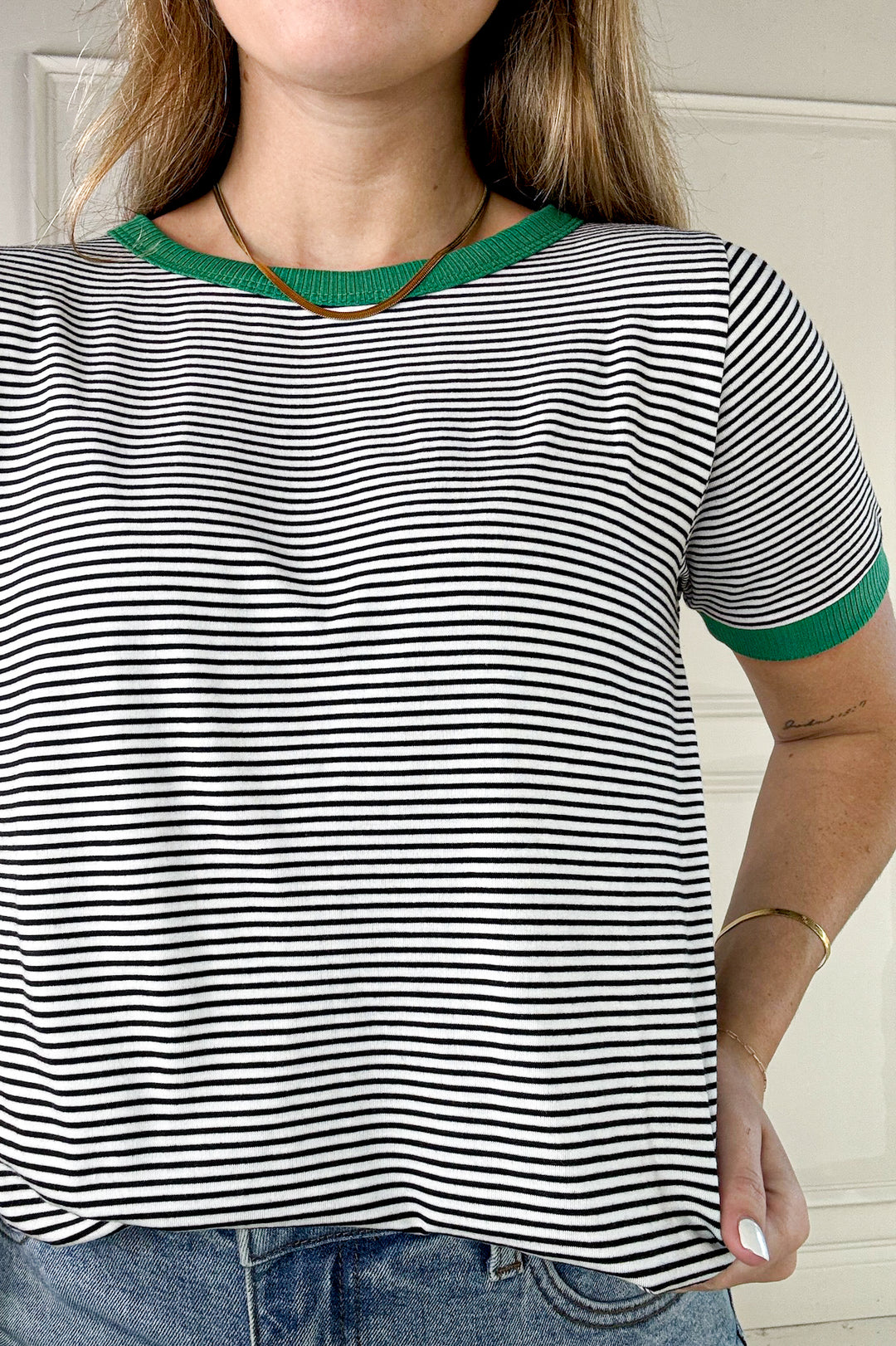 Color Trimmed Short Sleeve Pinstripe Top