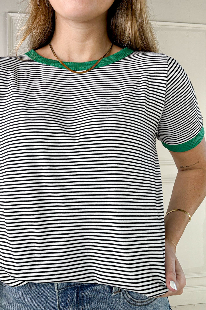 Color Trimmed Short Sleeve Pinstripe Top