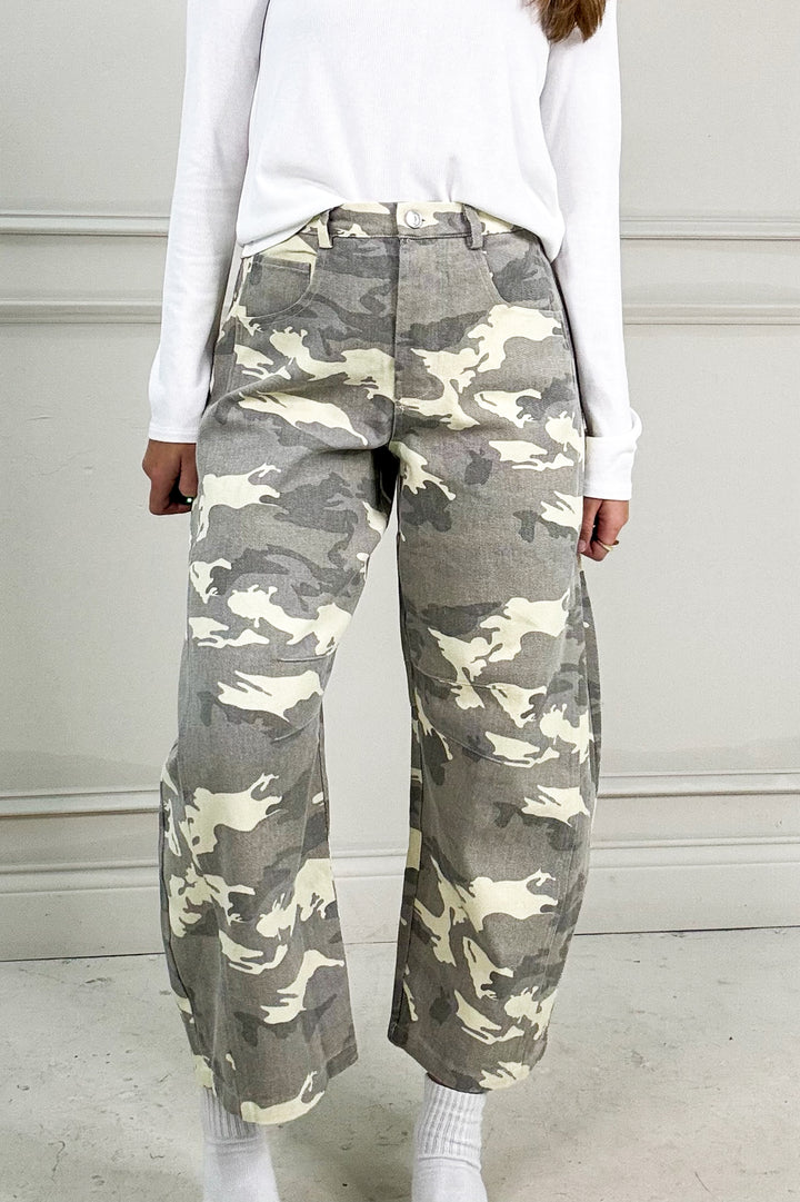 Camo Print Wide Leg Barrel Jeans