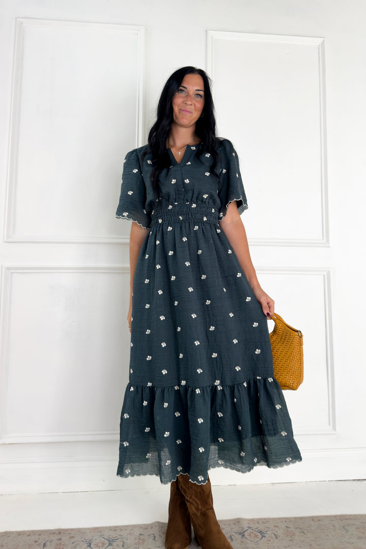 Embroidered Textured Ruffle Hem Midi Dress