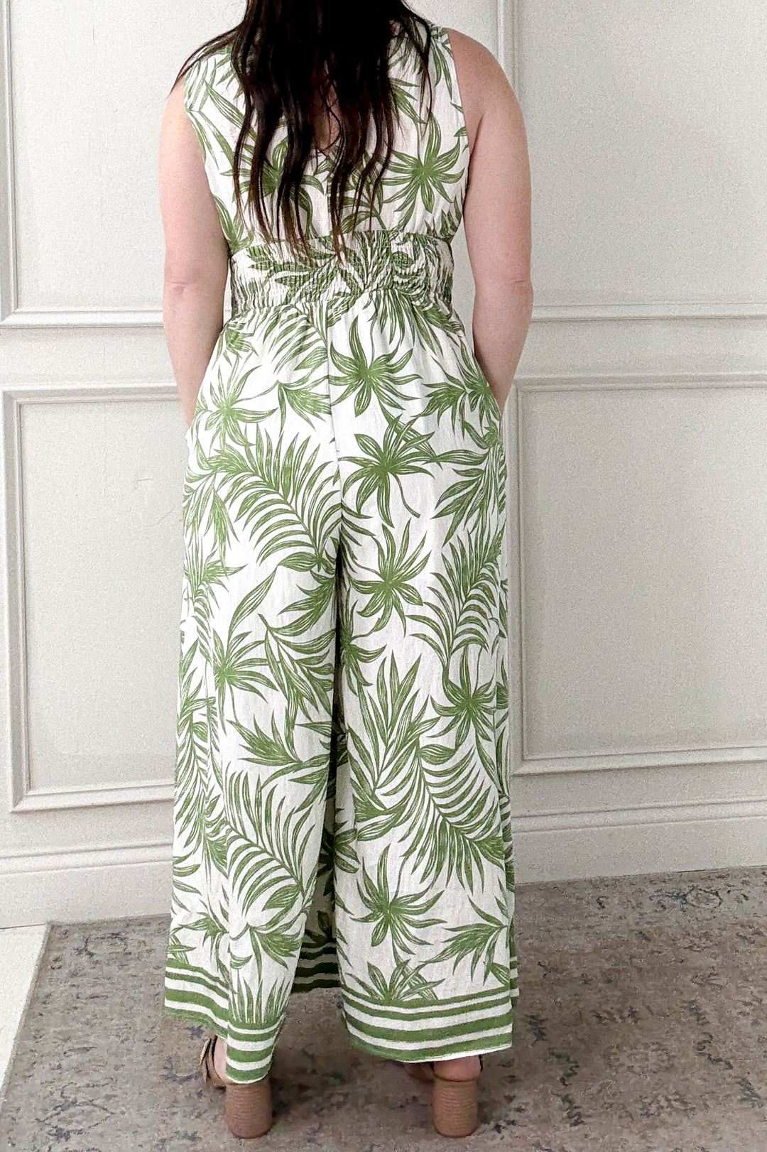 Tropical Print Smocked Waist Jumpsuit