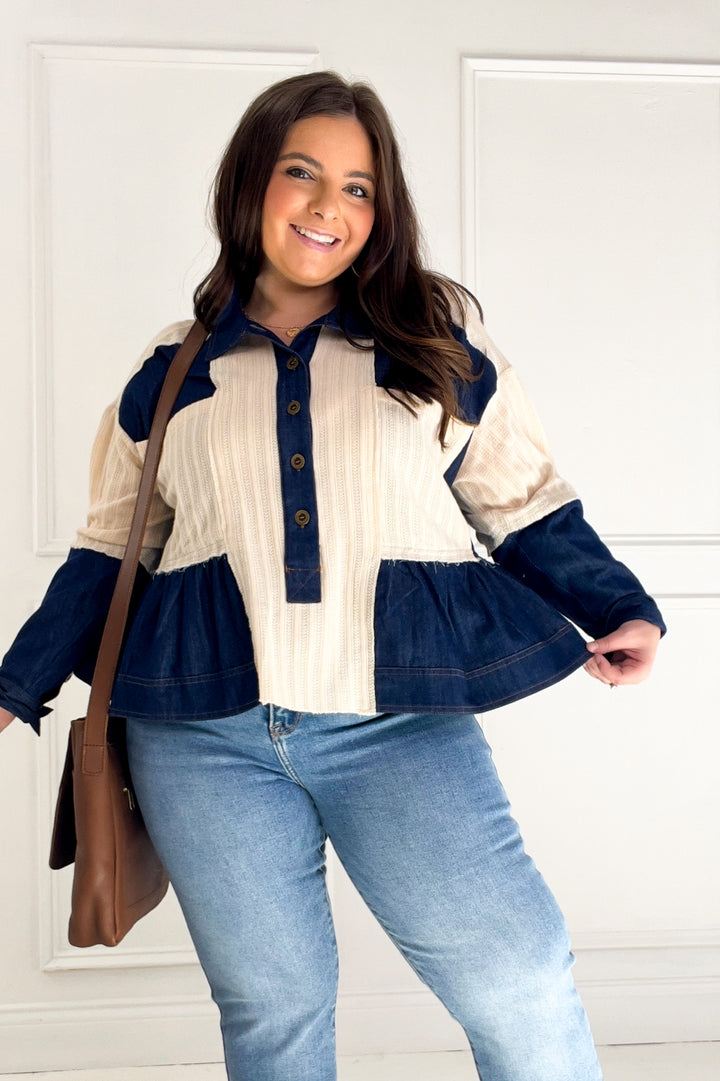 Denim Patchwork Button Down Waffle Knit Top