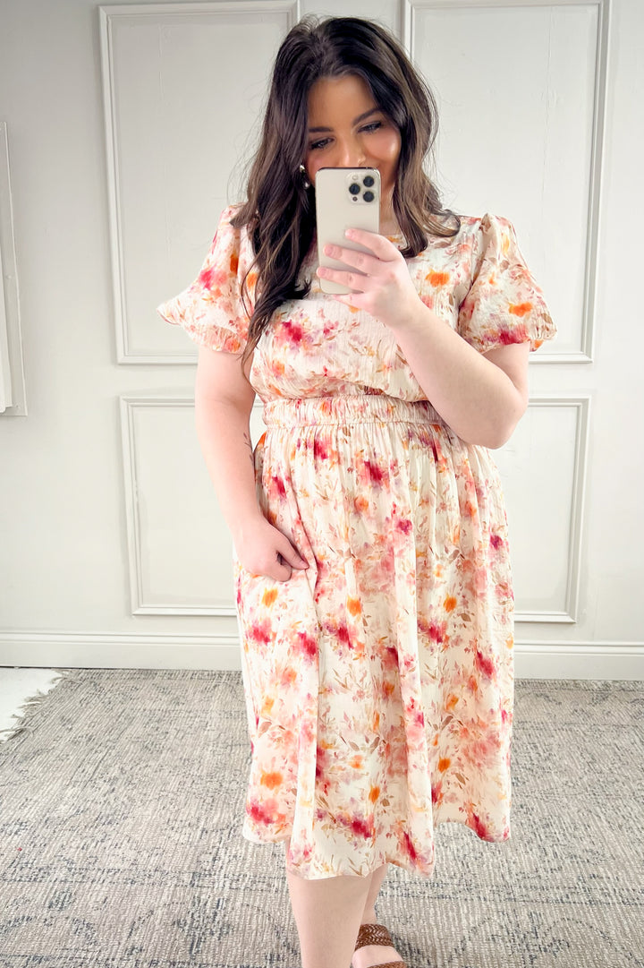 Textured Short Sleeve Floral Dress