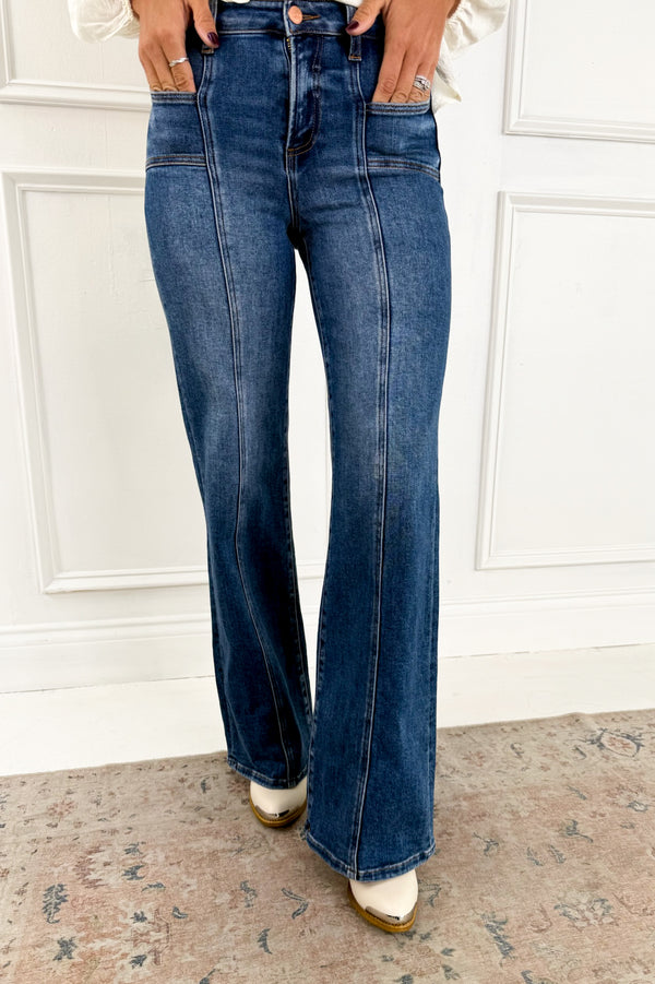 Risen High Rise Wide Leg Jeans with Front Seam Detail