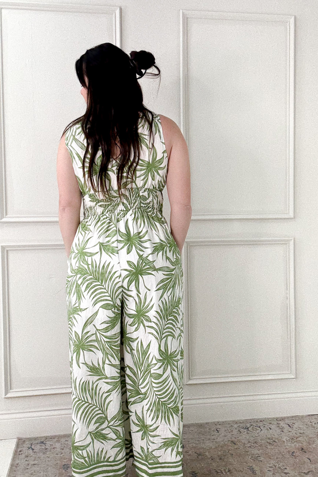 Tropical Print Smocked Waist Jumpsuit