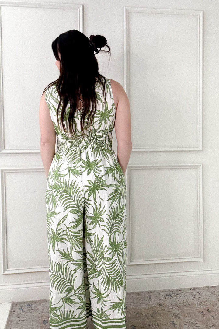 Tropical Print Smocked Waist Jumpsuit