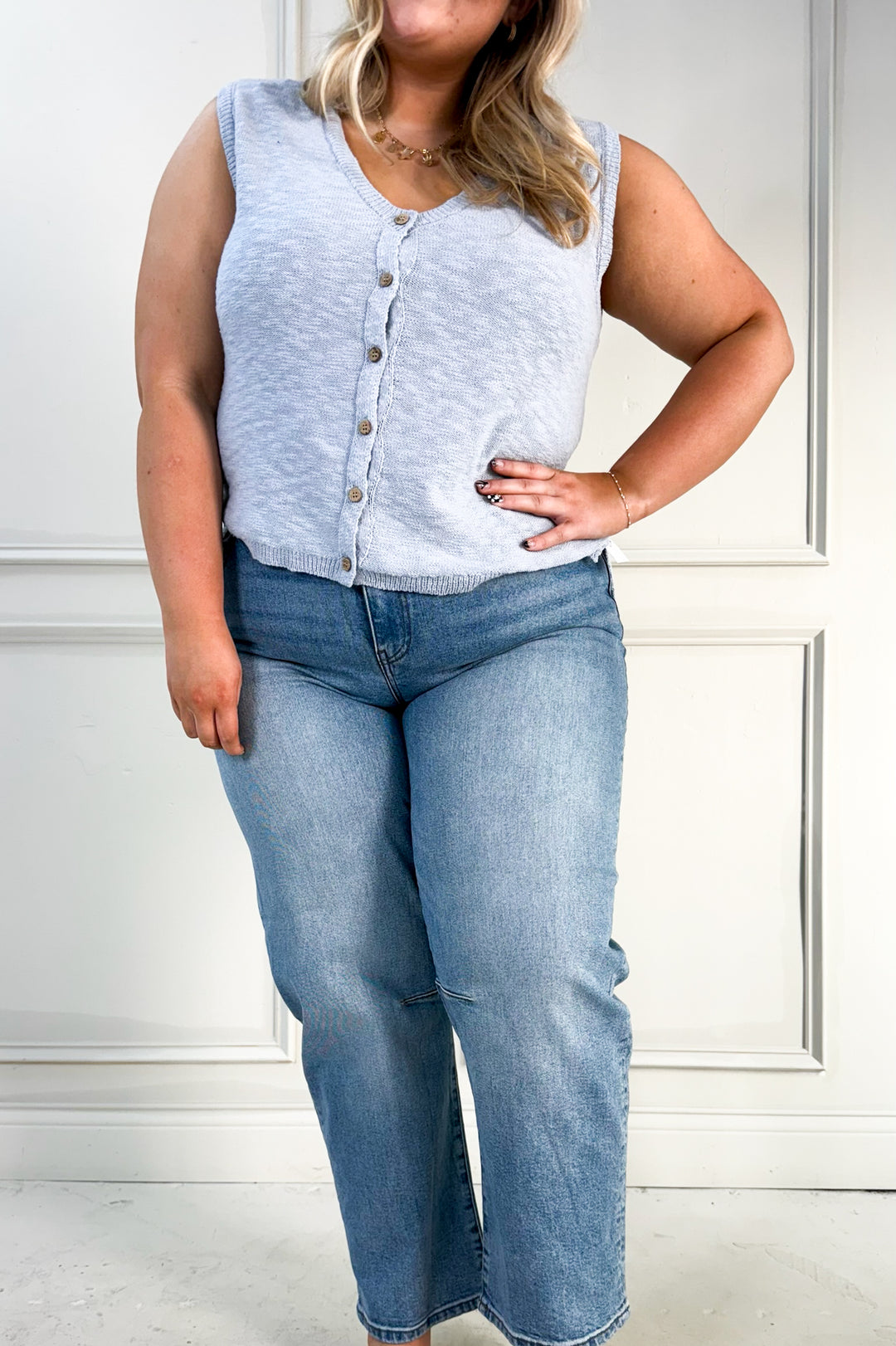 Button Up Slub Knit Sweater Curvy Vest