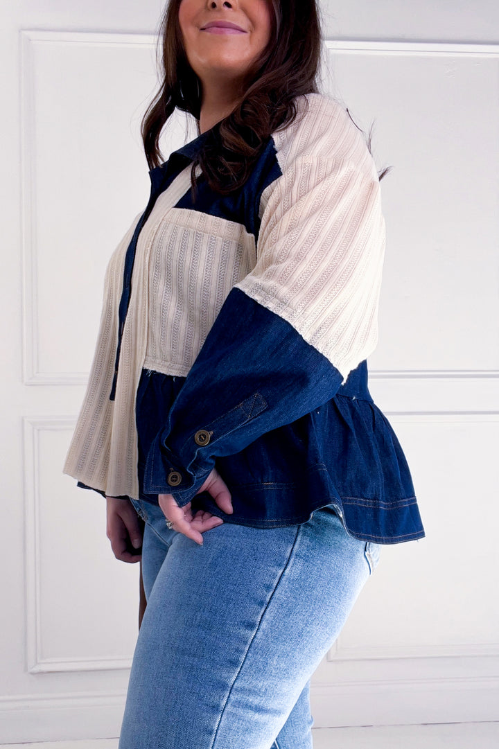 Denim Patchwork Button Down Waffle Knit Top