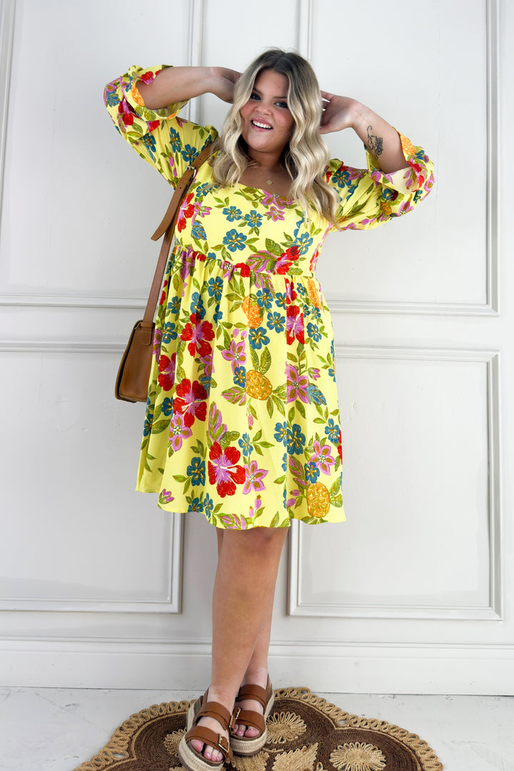 Bold Floral Embroidery Printed Mini Curvy Dress