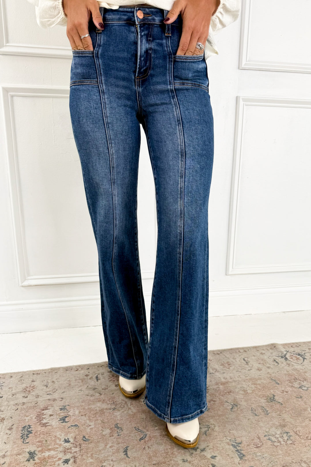 Risen High Rise Wide Leg Jeans with Front Seam Detail