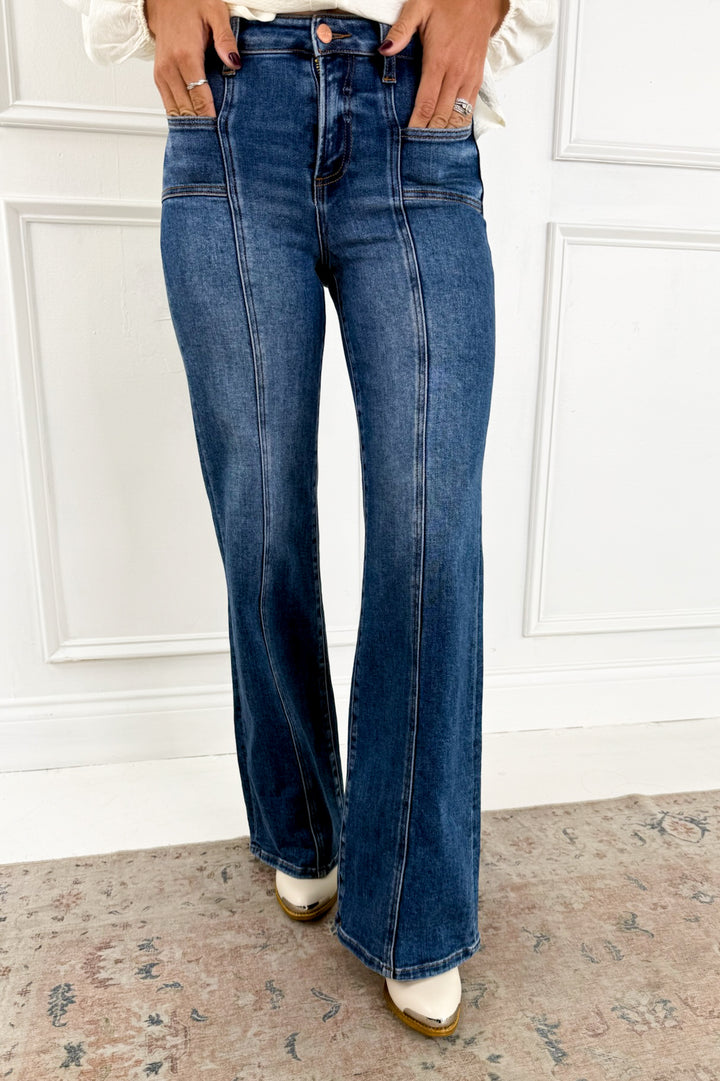 Risen High Rise Wide Leg Jeans with Front Seam Detail