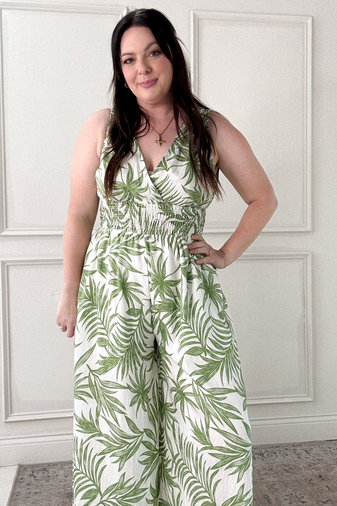 Tropical Print Smocked Waist Jumpsuit