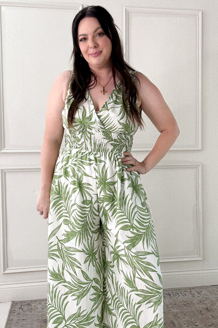 Tropical Print Smocked Waist Jumpsuit