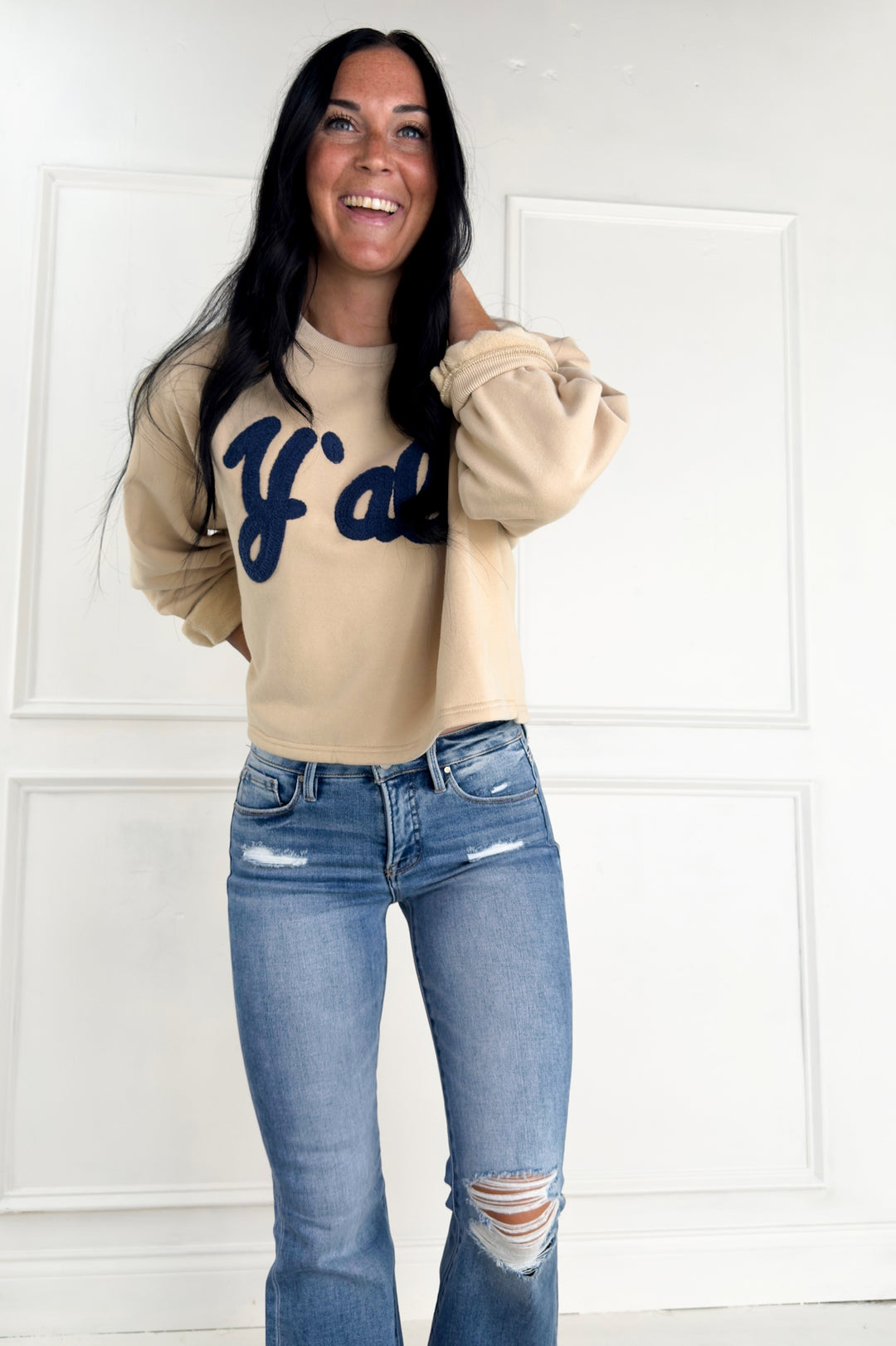 Crew Neck Y'all Flocked Sweatshirt