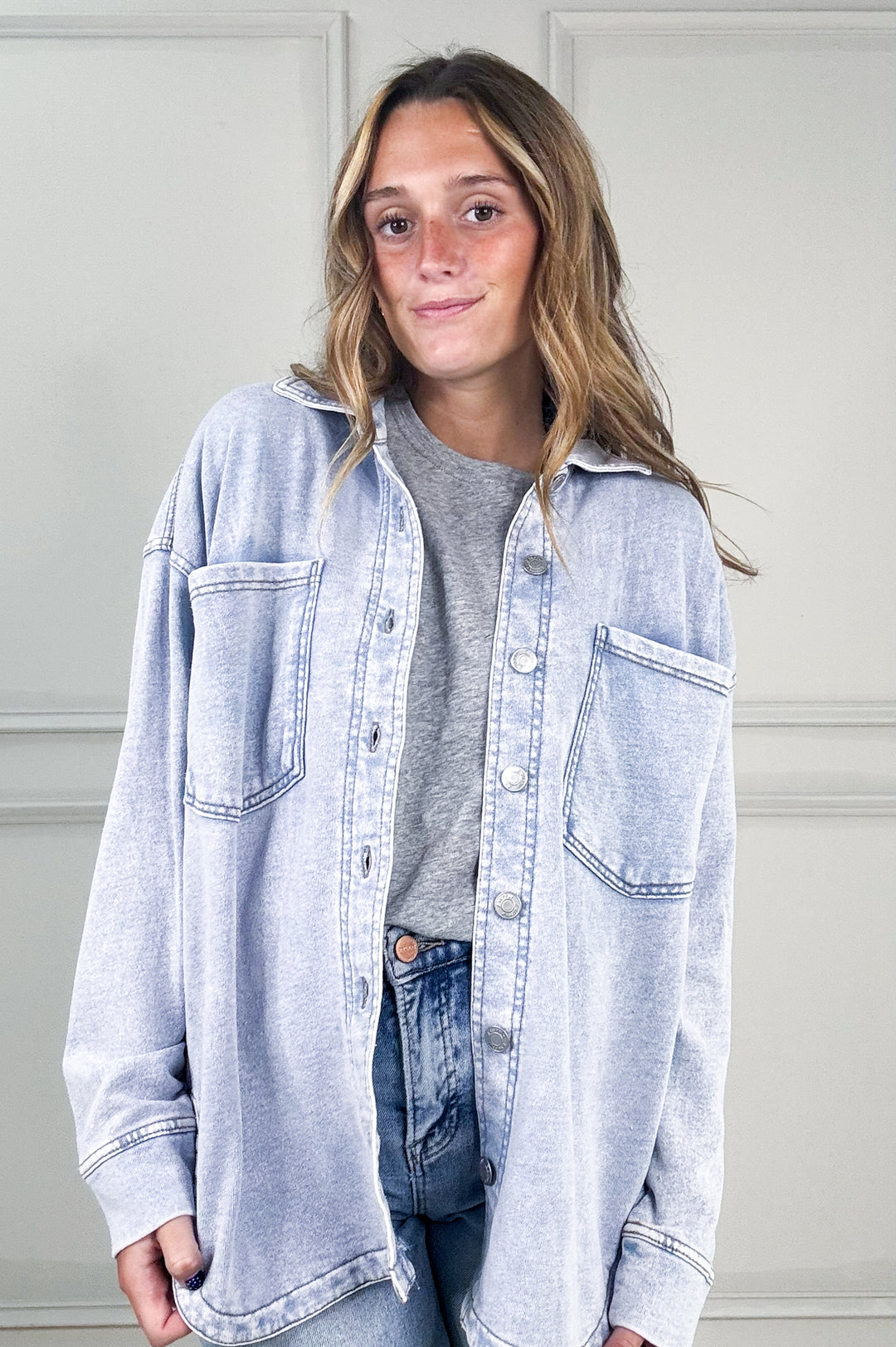 Z Supply All Day Knit Denim Button Up Shacket