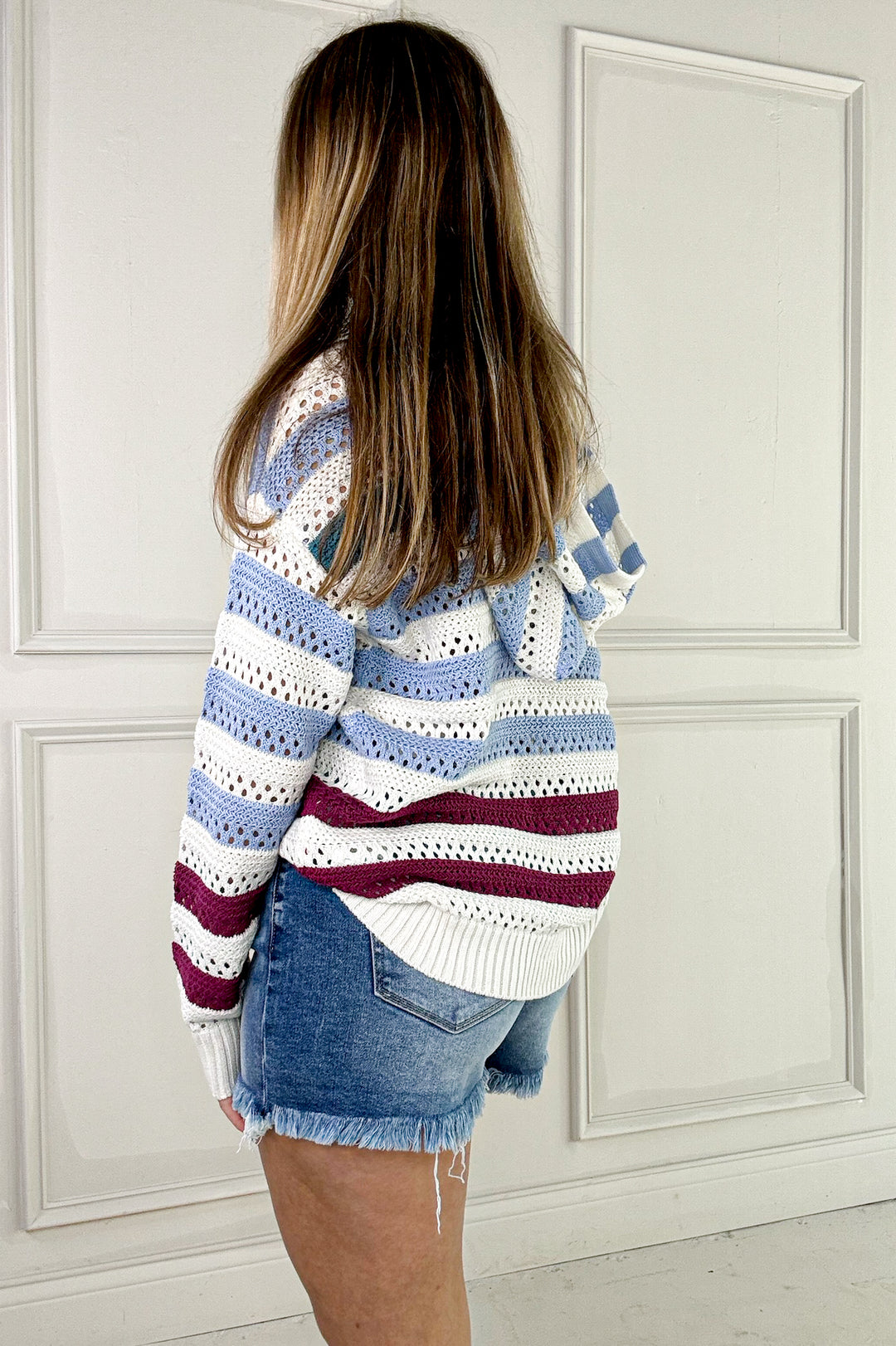 Open Knit Crochet Hooded Sweater Pullover
