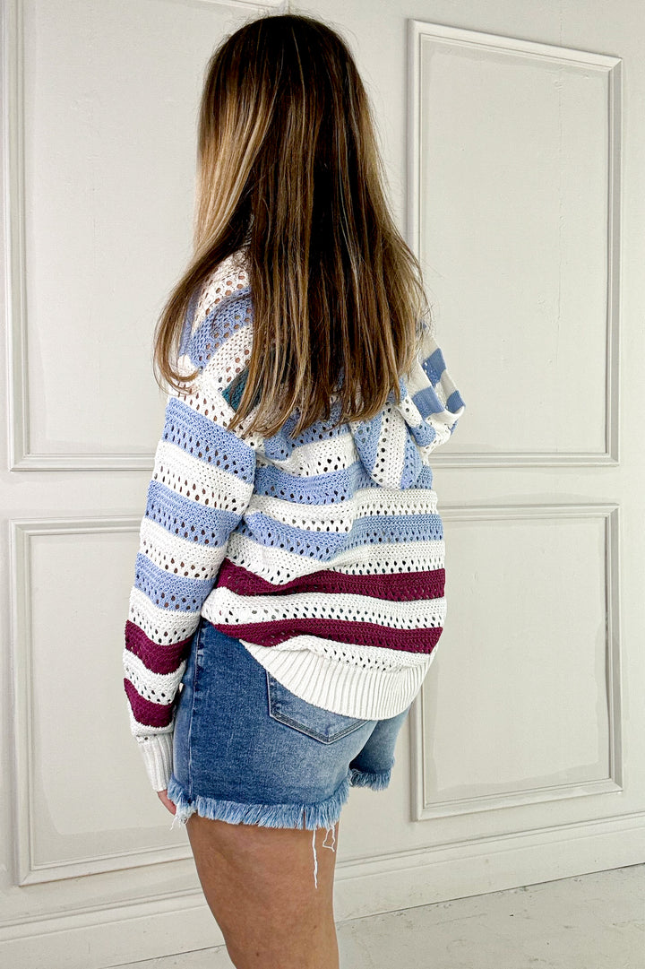 Open Knit Crochet Hooded Sweater Pullover