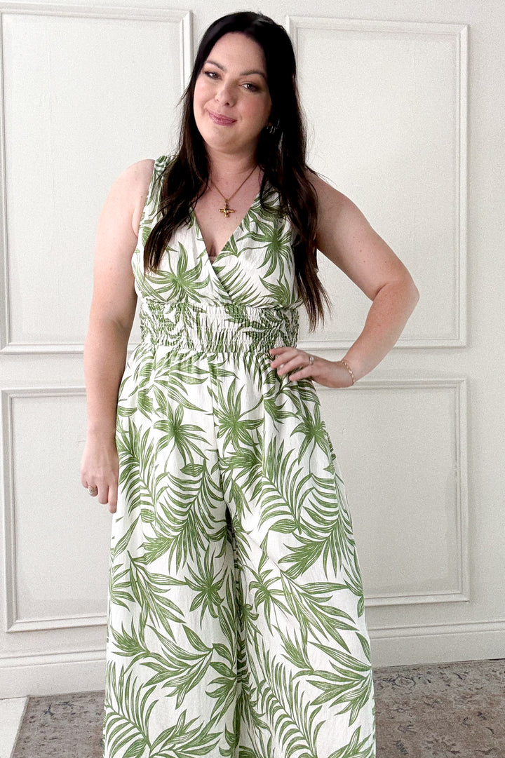 Tropical Print Smocked Waist Jumpsuit
