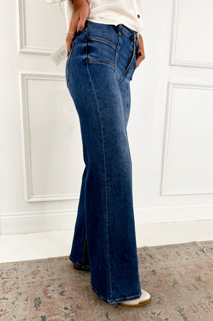 Risen High Rise Wide Leg Jeans with Front Seam Detail