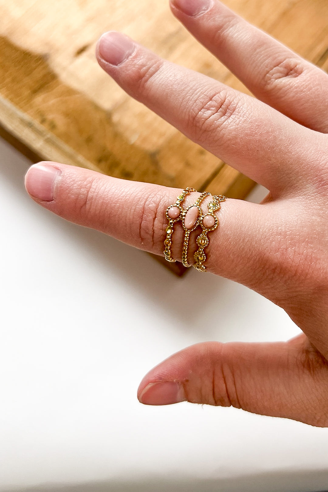 Trilayer Stone Adjustable 18K Gold Ring
