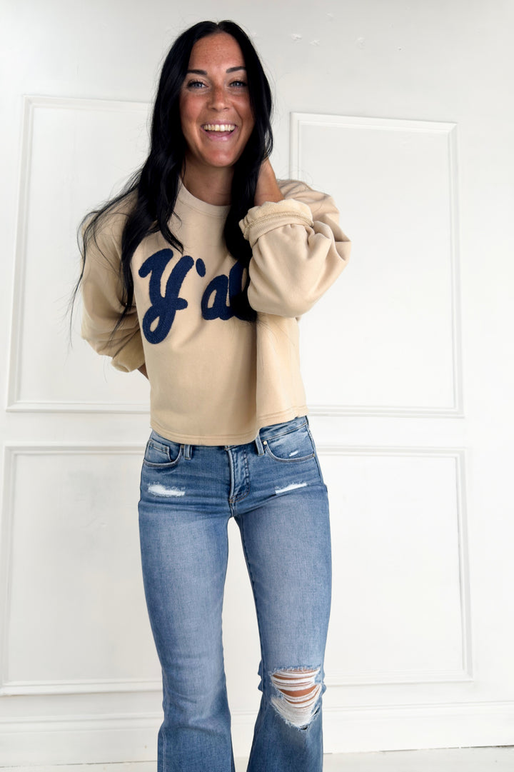 Crew Neck Y'all Flocked Sweatshirt