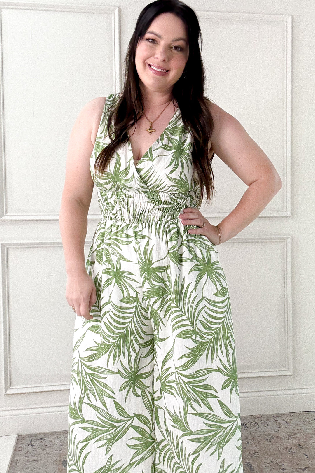 Tropical Print Smocked Waist Jumpsuit
