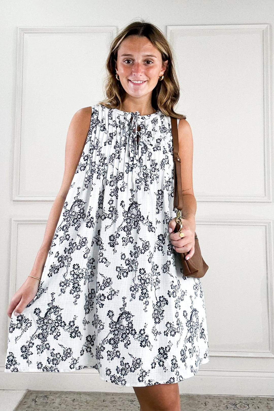 Pintuck Front Sleeveless Floral Mini Dress