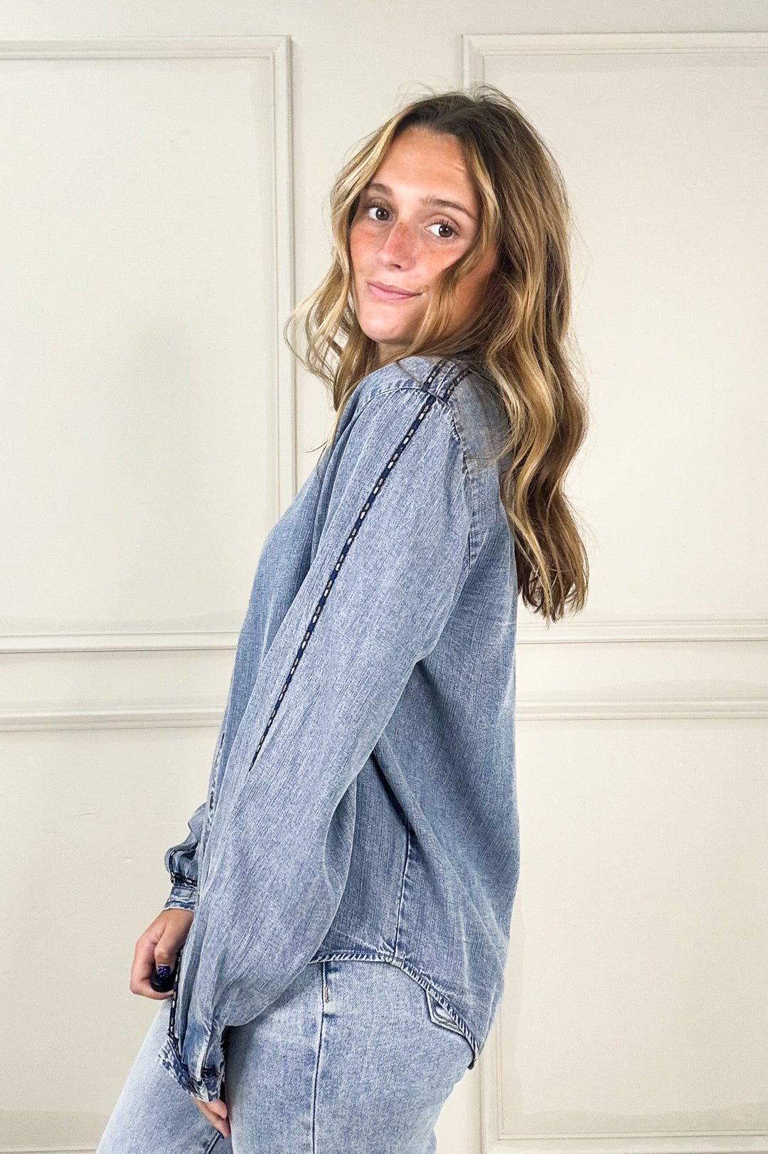 Thread & Supply - Lettie Piping Detail Button Up Long Sleeve Top