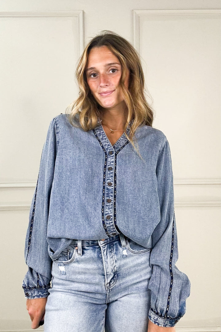 Thread & Supply - Lettie Piping Detail Button Up Long Sleeve Top