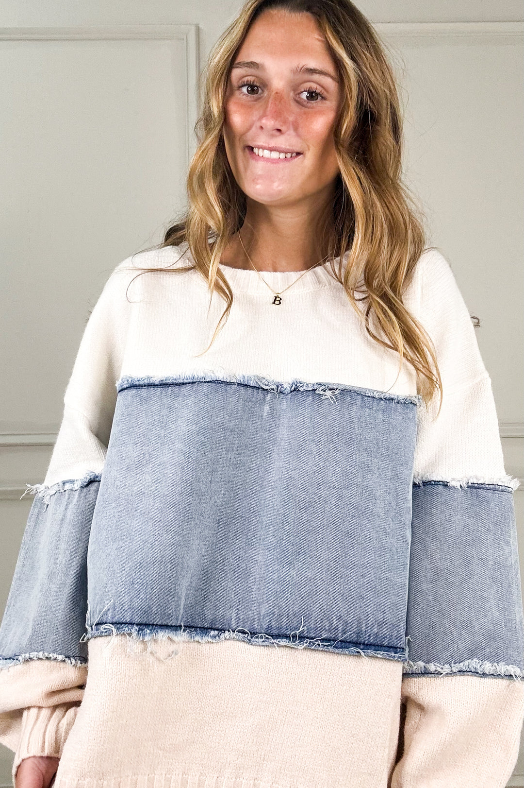 Colorblock Distressed Denim Patchwork Knit Sweater