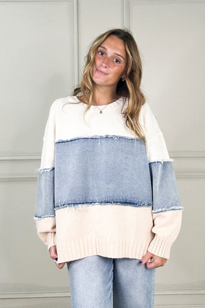 Colorblock Distressed Denim Patchwork Knit Sweater