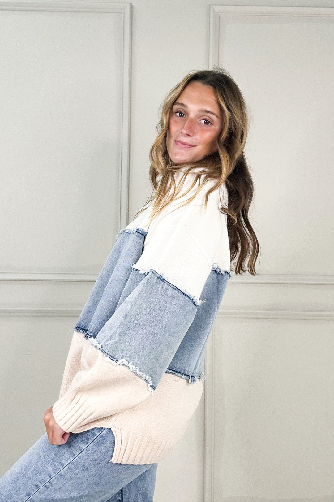 Colorblock Distressed Denim Patchwork Knit Sweater