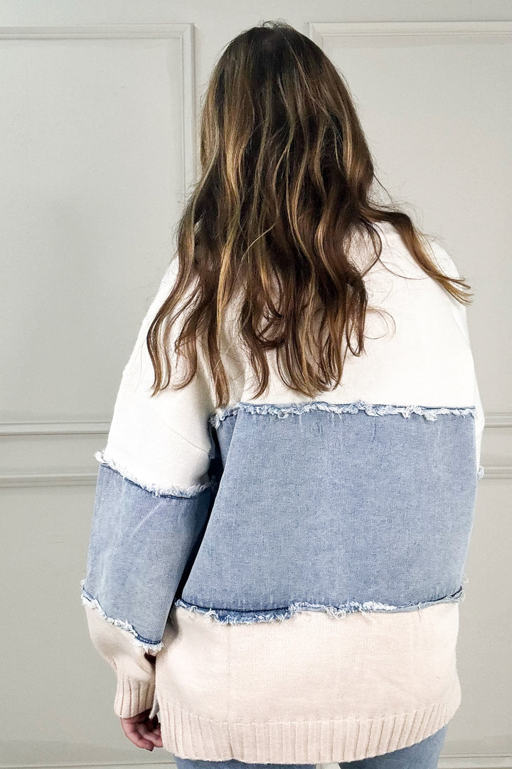 Colorblock Distressed Denim Patchwork Knit Sweater