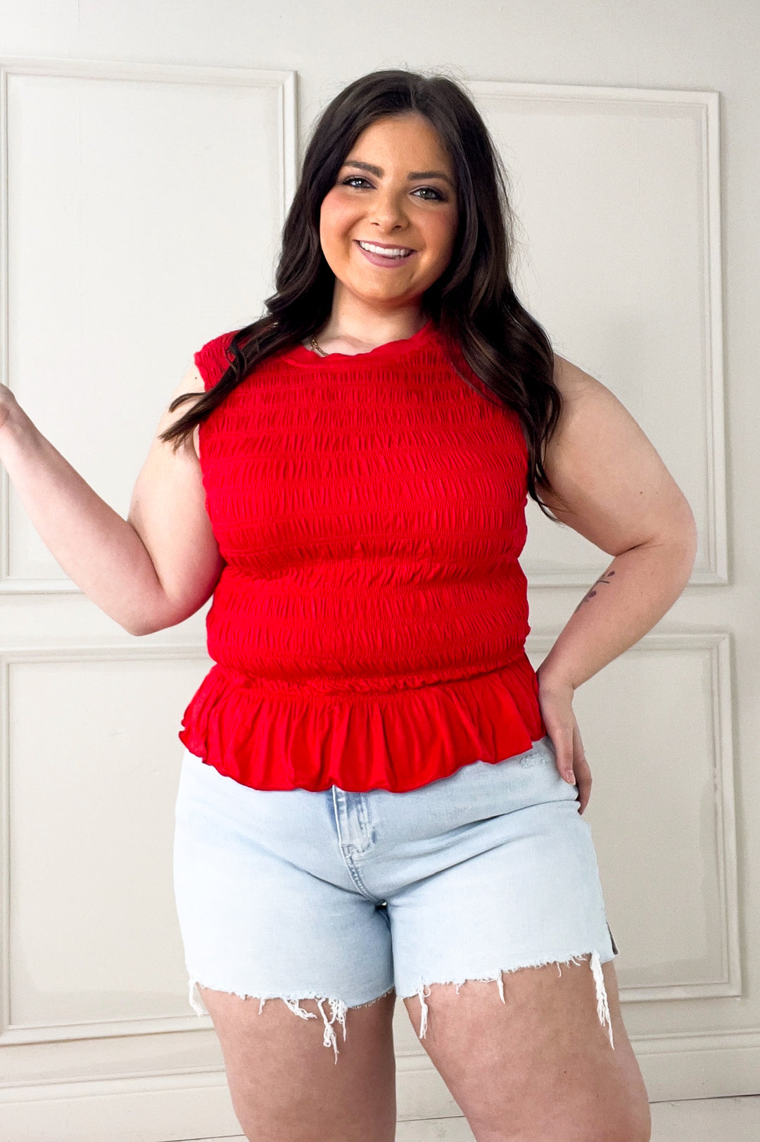 Smocked Ruffle Hem Knit Tank Top