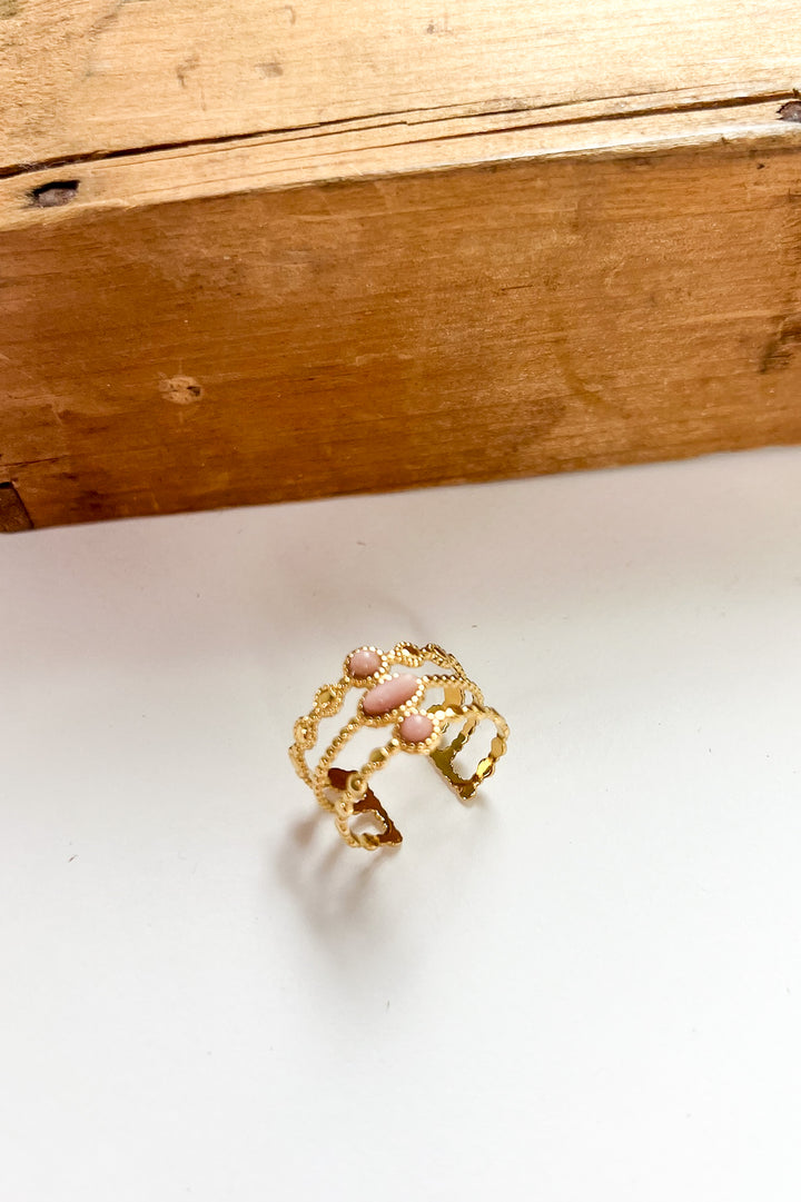 Trilayer Stone Adjustable 18K Gold Ring