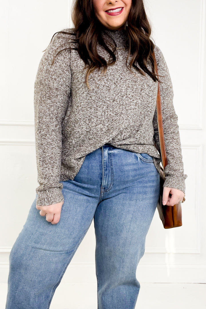 Mock Neck Long Sleeve Marled Boxy Pullover Sweater