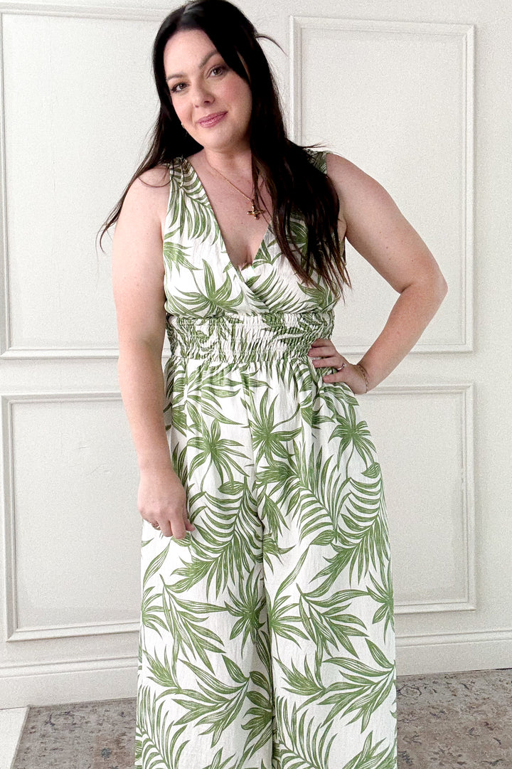 Tropical Print Smocked Waist Jumpsuit
