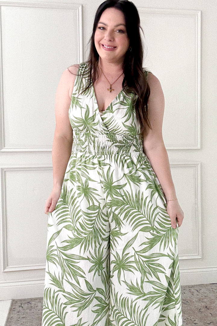 Tropical Print Smocked Waist Jumpsuit