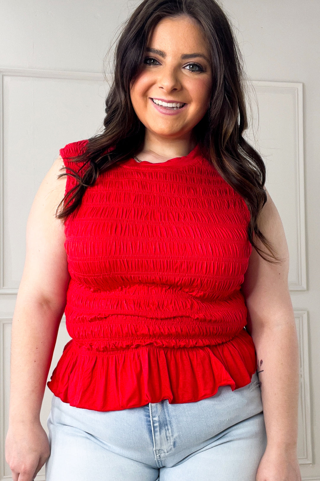 Smocked Ruffle Hem Knit Tank Top