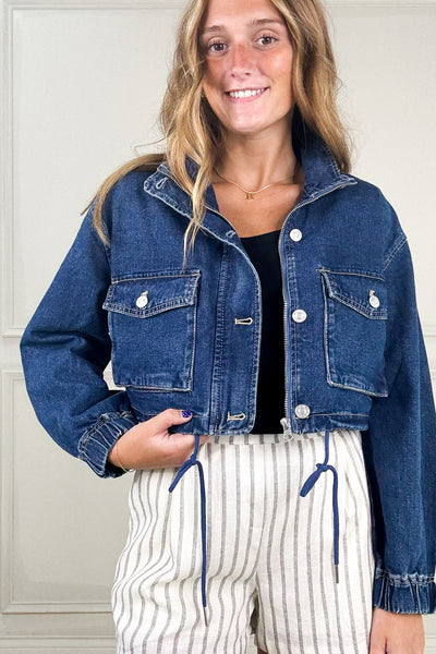 Utility Cropped Drawstring Hem Stand Collar Denim Jacket