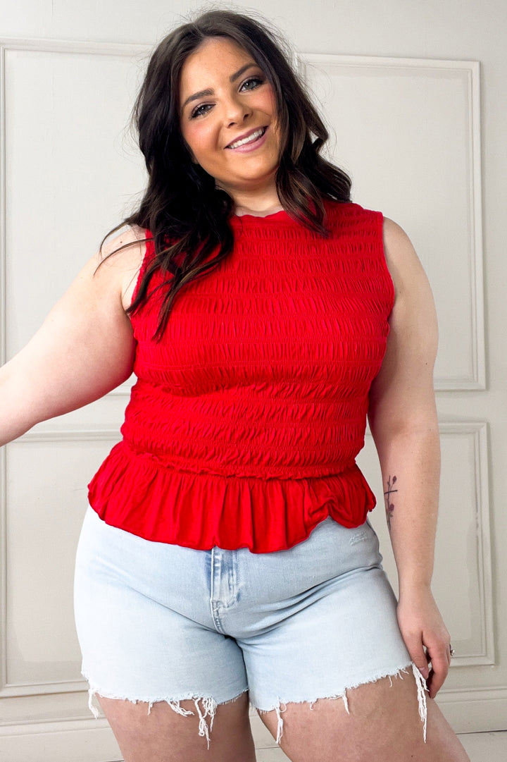Smocked Ruffle Hem Knit Tank Top