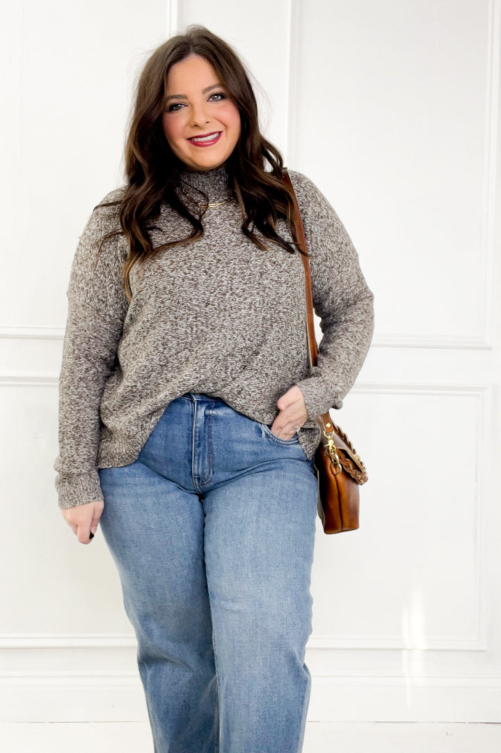 Mock Neck Long Sleeve Marled Boxy Pullover Sweater