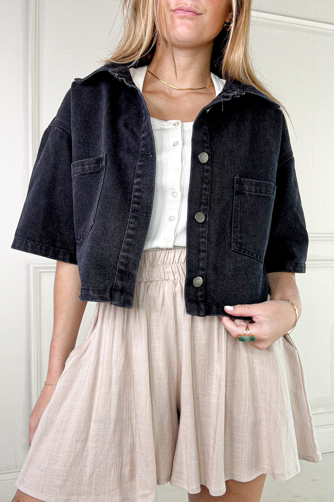 Button Up Short Sleeve Denim Crop Jacket
