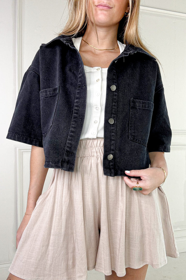 Button Up Short Sleeve Denim Crop Jacket