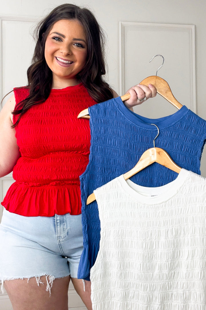 Smocked Ruffle Hem Knit Tank Top