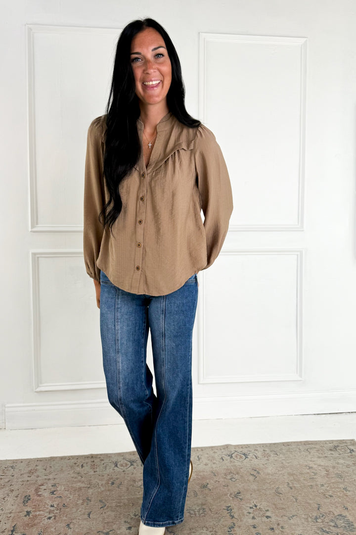 Ruffle Neck Button Down Long Sleeve Top