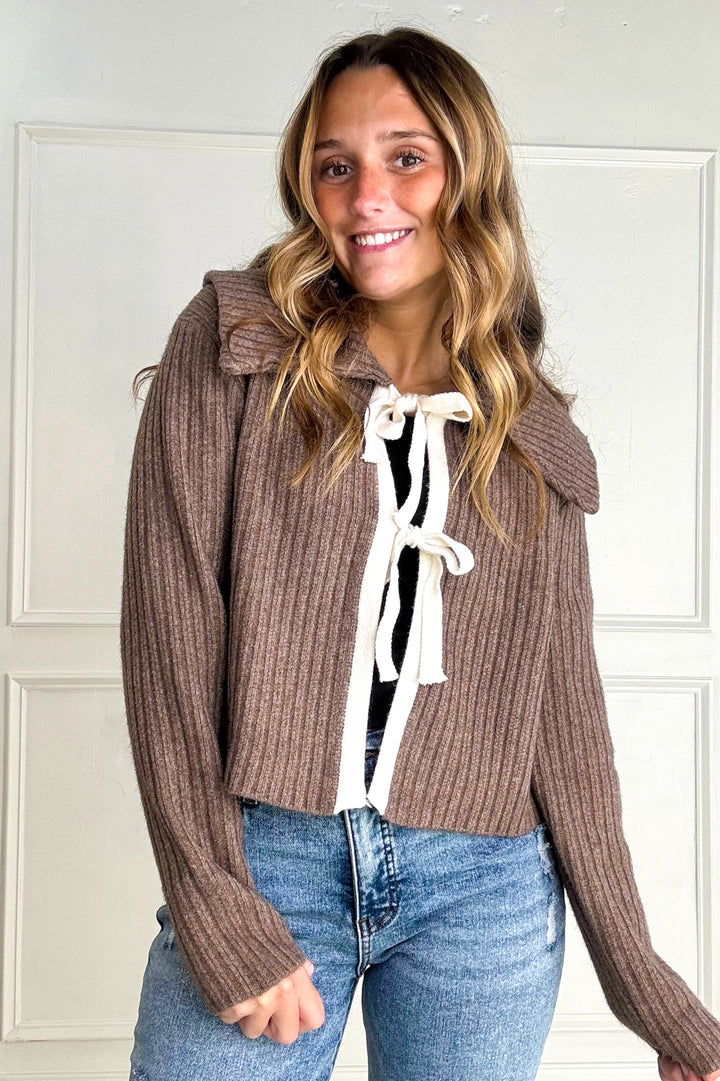 Nostalgic Charm Rib Cardigan w/ Contrast Bow