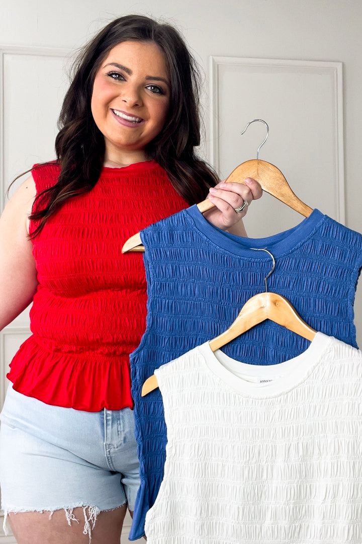 Smocked Ruffle Hem Knit Tank Top