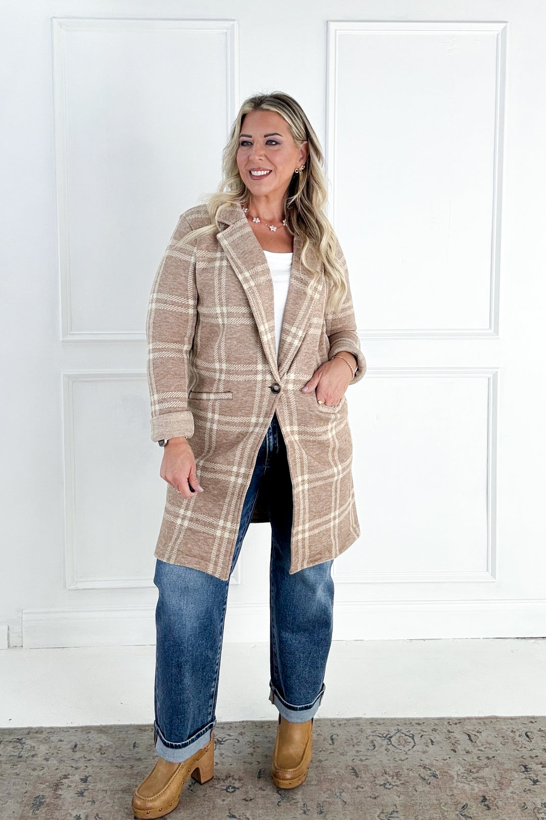 Kenzie Lapel Plaid Longline Coat