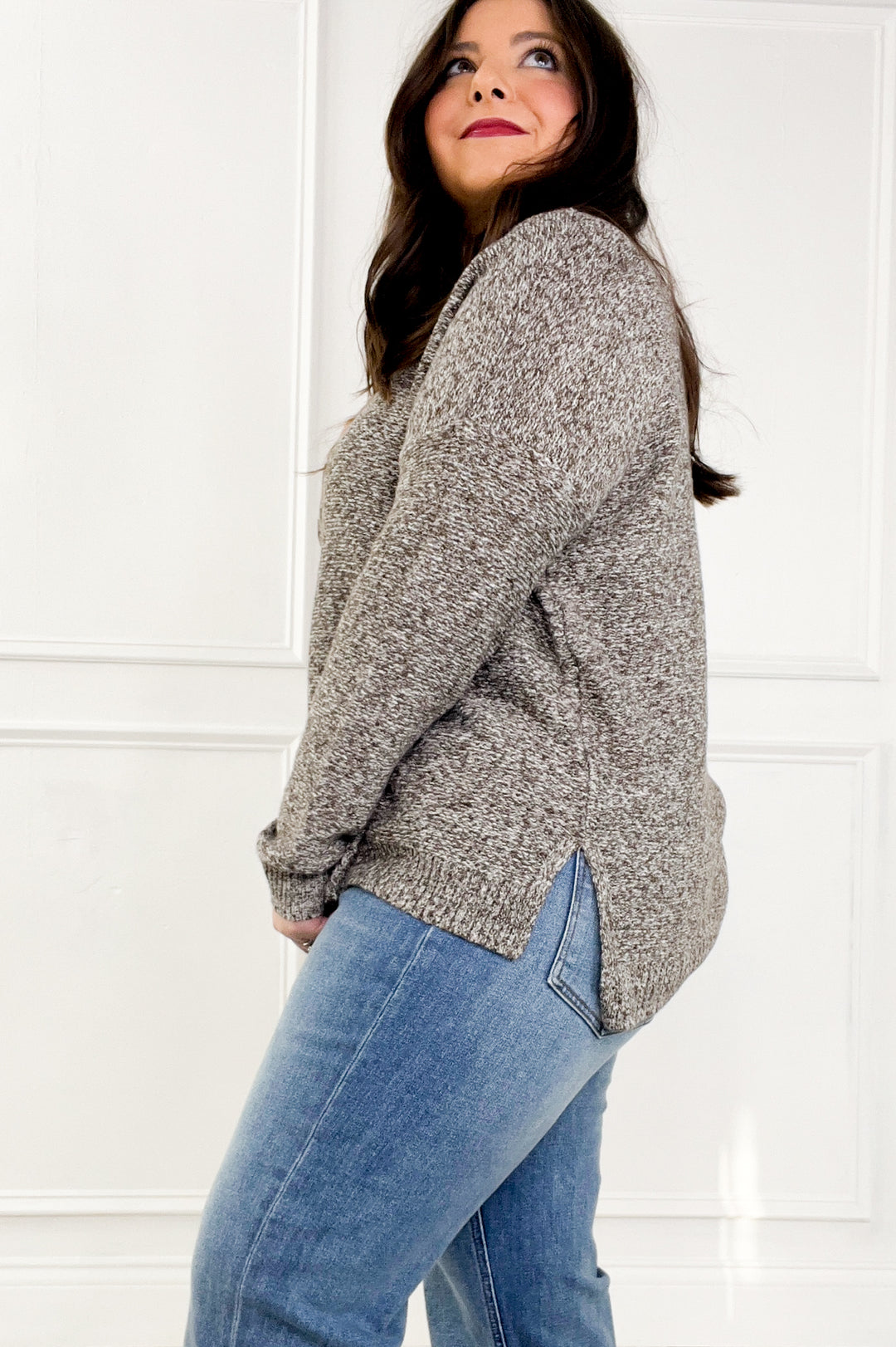 Mock Neck Long Sleeve Marled Boxy Pullover Sweater